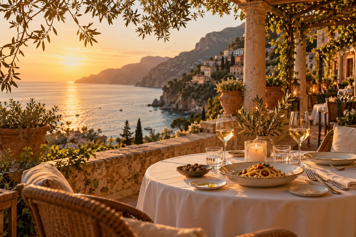 A Mediterranean terrace in evening light; representative travel image